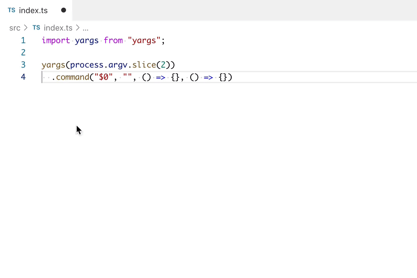 The “Go to Source Definition” command on a use of the yargs package jumps the editor to an index.cjs file in yargs.