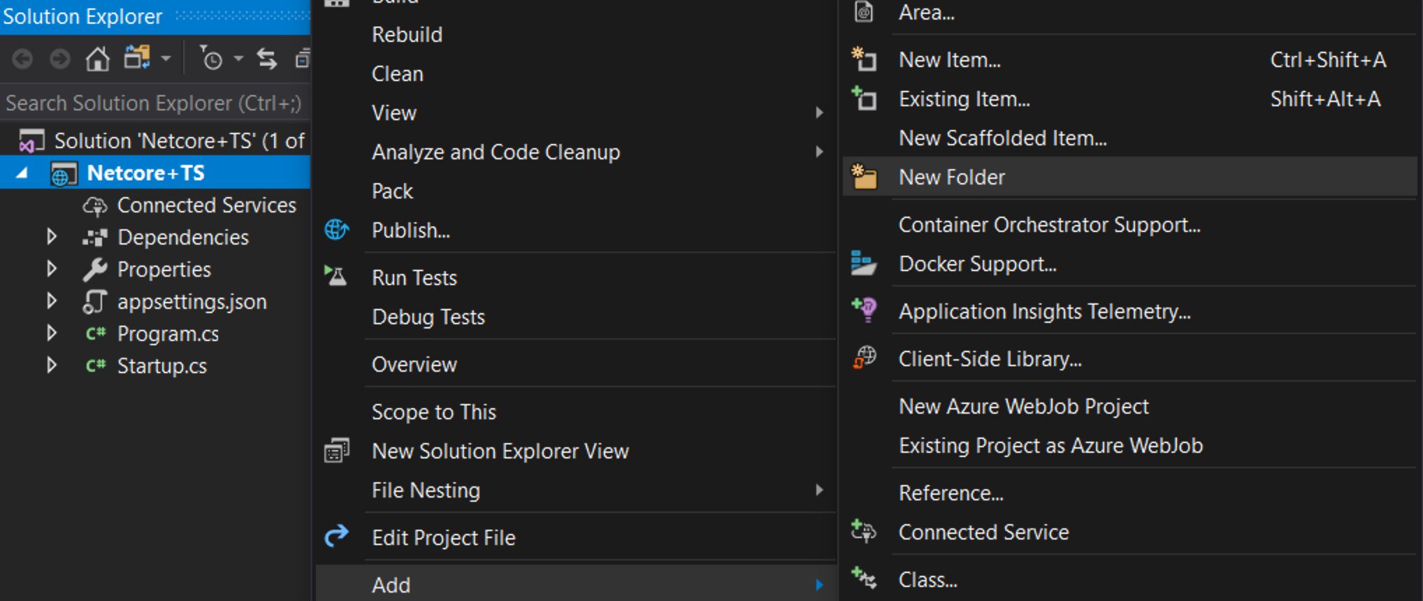 The Path of “Add” then “New Folder” in Visual Studio from a Web Project