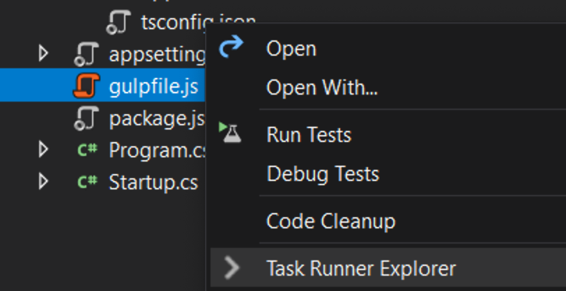 Screenshot of right clicking on the “Gulpfile.js” with ‘Task Runner Explorer’ selected