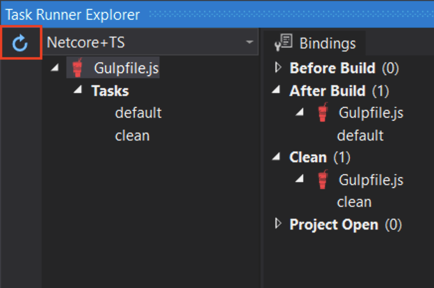 Screenshot of task explorer with “Gulpfile.js” in it